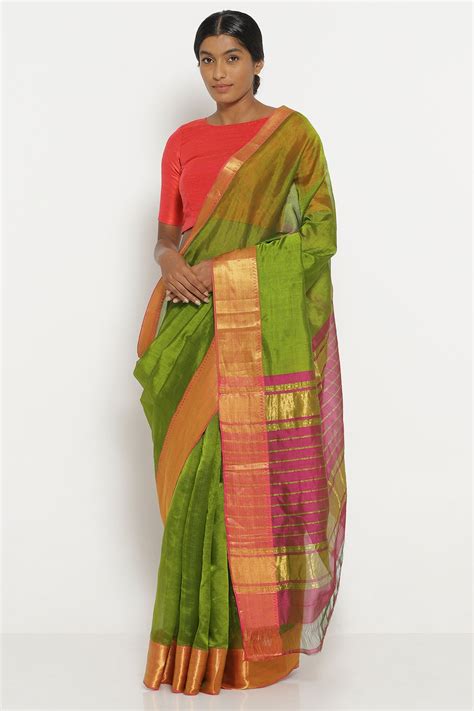 Green and Pink Silk-Cotton Mangalagiri Saree – Via East