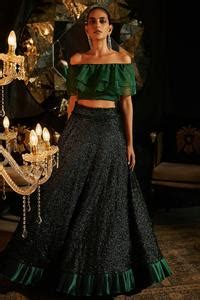 Buy Green Organza, Pleated Polyester One Off Blouse And Embroidered ...
