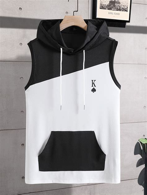 Men Color Block Playing Card Print Kangaroo Pocket Hooded Tank Top ...