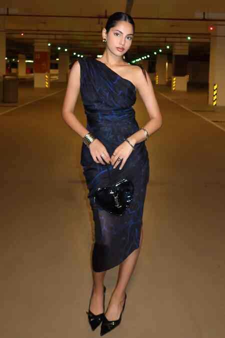 Buy Black Chiffon Asymmetric Floral Print Midi Dress For Women by ...