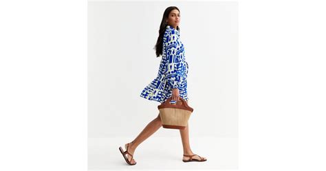 Blue Abstract Pattern Tiered Mini Shirt Dress | New Look