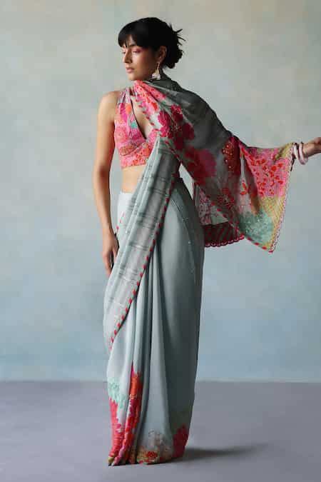Buy Blue Crepe Beads Retro Floral Print Saree With Unstitched Blouse ...