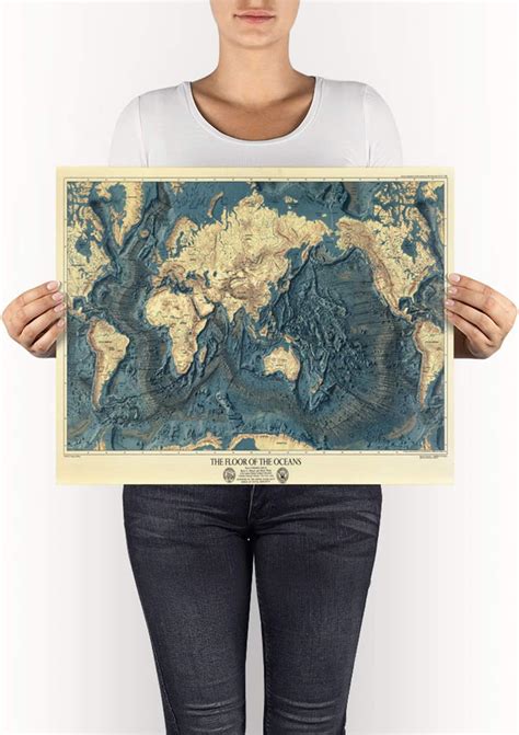 Buy Map of The Worlds Ocean Floors and Land Relief. 1976. Vintage ...