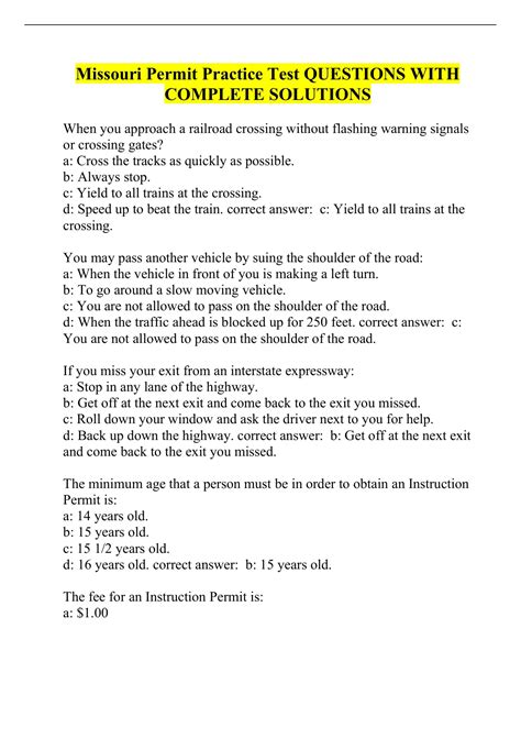 Missouri Permit Practice Test QUESTIONS WITH COMPLETE SOLUTIONS ...