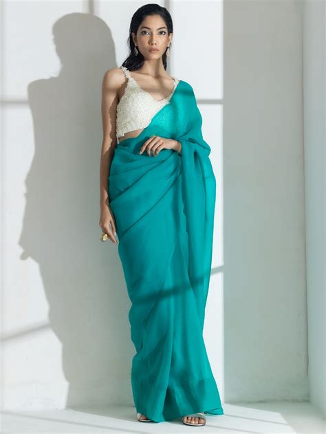 Topaz Super Soft Organza Saree with Pearl Leaves – Swtantra