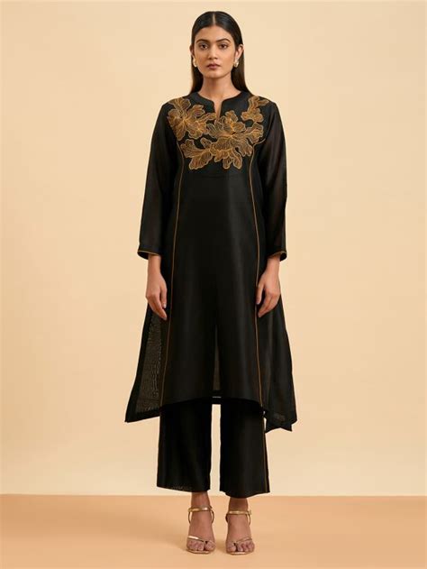 Black Embroidered Chanderi Silk Kurta with Slip and Pants- Set of 2