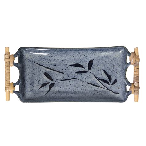 Studio Pottery Rectangular Platter with Cane Handle (Light Blue ...