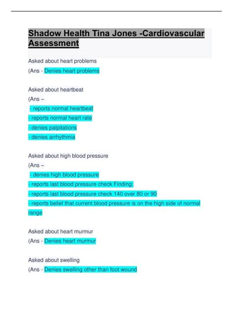 Shadow Health Tina Jones -Cardiovascular Assessment: Updated Solution ...