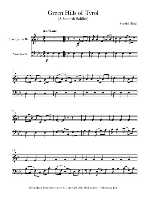 Green Hills of Tyrol (A Scottish Soldier) Sheet music for Trumpet-Cello ...