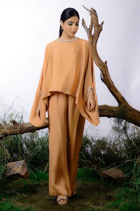 Buy Orange Satin Pearls Round Neck Cuff Embroidered Top And Pant Set ...
