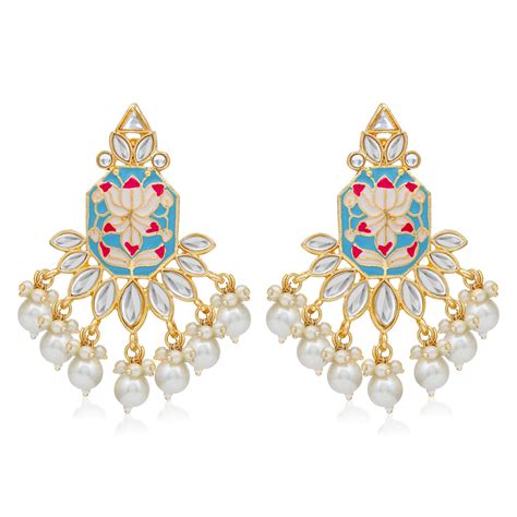 Sukkhi Glimmery Pearl Gold Plated Lotus Meenakari Dangle Earring For W ...