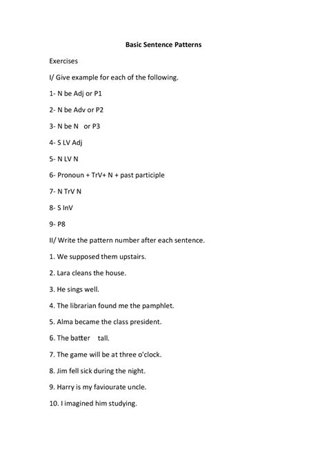 Image result for Sentence Pattern Worksheet