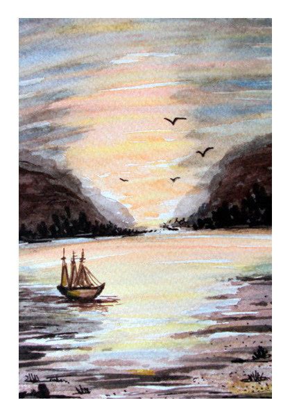 Sunset Landscape Illustration Watercolor Painting Art PosterGully Specials