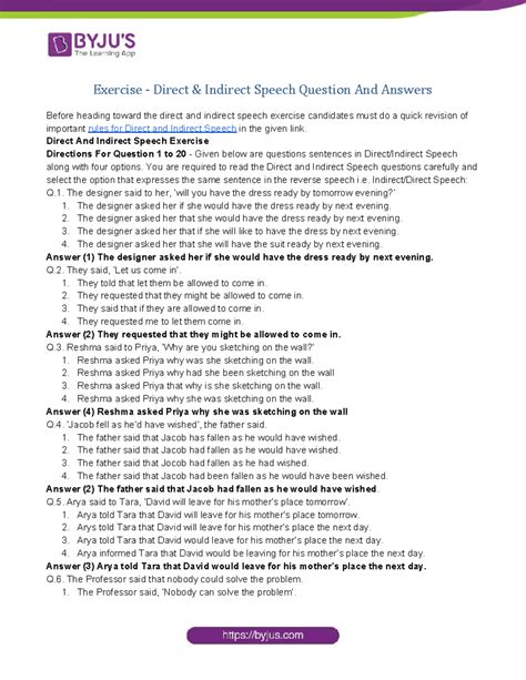 Direct & Indirect Speech Q&A Exercises for Competitive Exams - Studocu