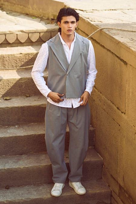 Buy Grey Polyester, Viscose, Lycra Inverted Box Pleat Pant For Men by ...