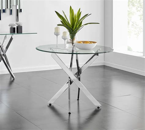 Novara Modern Round Chrome Metal And Clear Glass Dining Table And 4 ...