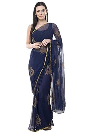 Bunny Creation Women's Jacquard Chiffon Saree(5_Navy Blue) : Amazon.in ...