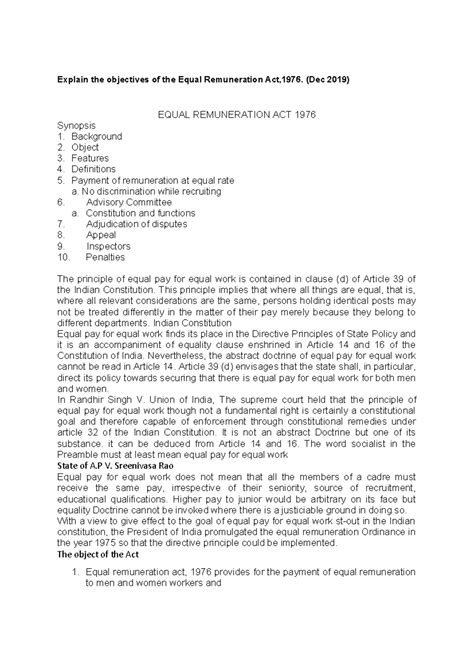 Ilide - sumerry - Explain the objectives of the Equal Remuneration Act ...