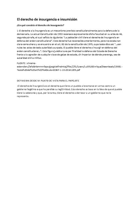 Derecho de Insurgencia e Insumisión en la Constitución 1993 - Studocu