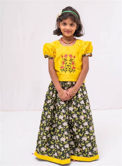 Cyan coloured floral printed chanderi ghagra with ruffled sleeved raw ...