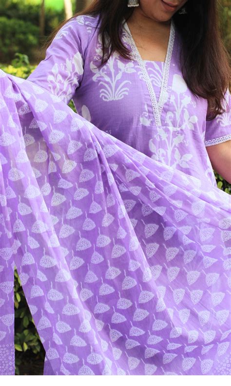 Cotton Block Print Lavender Suit Set with Lace Detailing and Cotton Du ...
