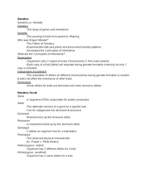Bio Notes Unit 7 - Genetics Genetics vs. Heredity Genetics -The study ...