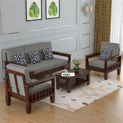 VMDJ Solid Sheesham Wood Sofa Set 5 Seater with Gray Cushions Living ...