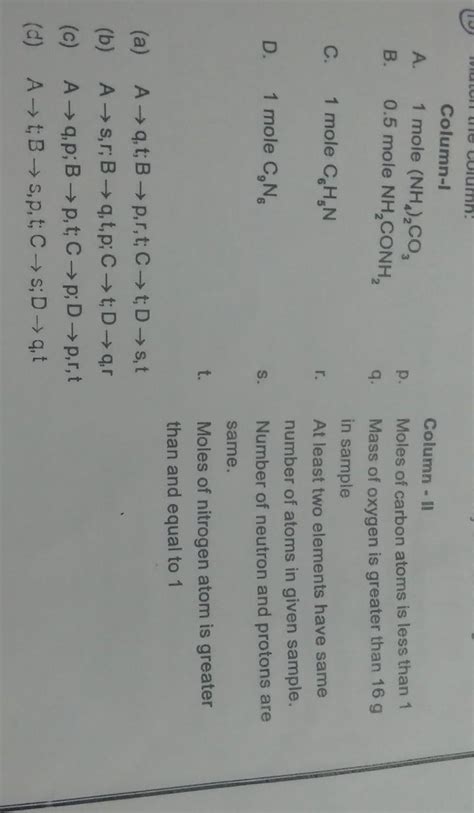 5) Match the column:ColumnColumn -A.1 mole (NH2CO,Moles of carbon atoms ...