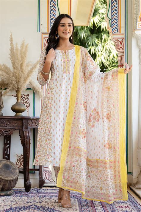 White and Yellow Pleated A-line Kurta Set with Trousers and Dupatta – Kohsh