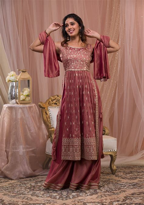 Buy Onion Pink Zariwork Art Silk Readymade Sharara Suit - Koskii