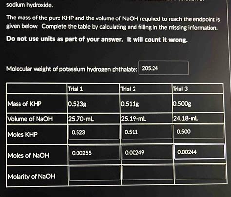 Solved: sodium hydroxide. The mass of the pure KHP and the volume of ...