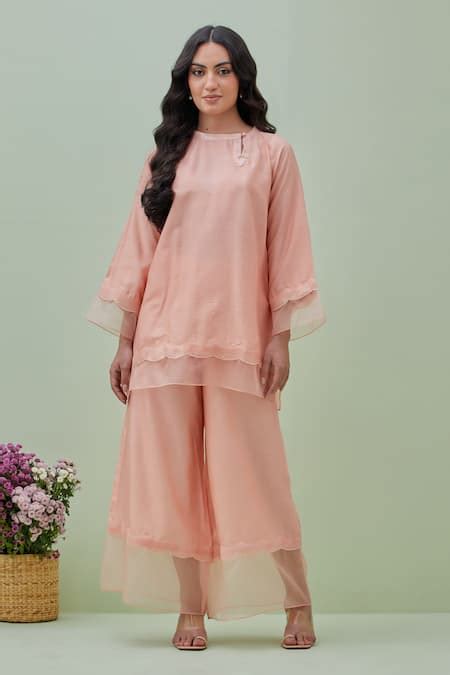 Buy Pink Chanderi Sequins Boat Neck Trim Embellished Kurta With Flared ...