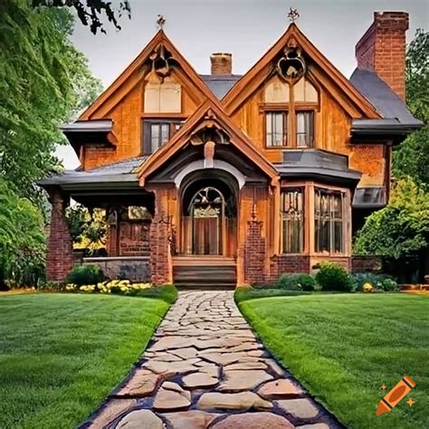 Craftsman house with gothic style windows and flagstone pathway