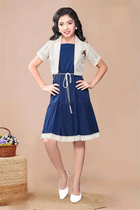 Navy Midi Dress With Lace Shrug For Girls – Lagorii Kids