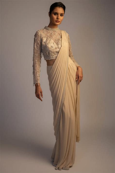 Off White Lycra Ready to Wear Saree with Embellished Beaded and Sequin ...
