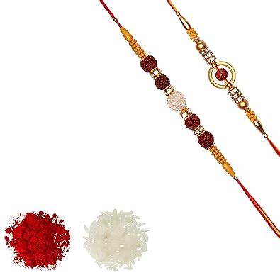 Aheli Pack Of 2 Pearl Rudraksha Wooden Ball in AD Ring Rakhi With Roli ...