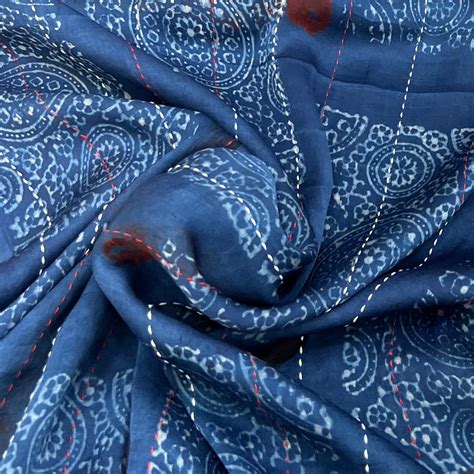 Blue Modal Ajrak Geometric Katha Work – Saroj Fabrics