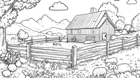 Kids book coloring pages farm scene barn sheep | Premium AI-generated image