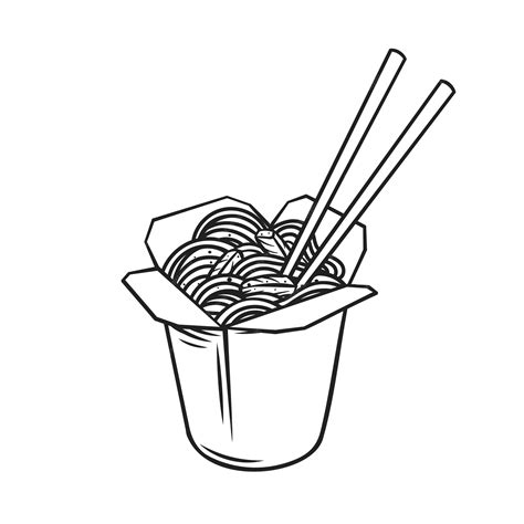 Takeaway carton wok box noodles with veggies and fried pork outline ...