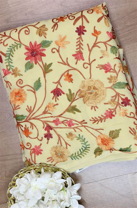 Cream Embroidered Kashmiri Aari Work Georgette Saree - Luxurionworld