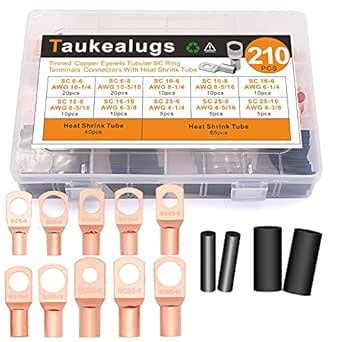 210PCS Copper Wire Lugs [4 6 8 10AWG 1/4-5/16] Battery Cable Eyelets ...