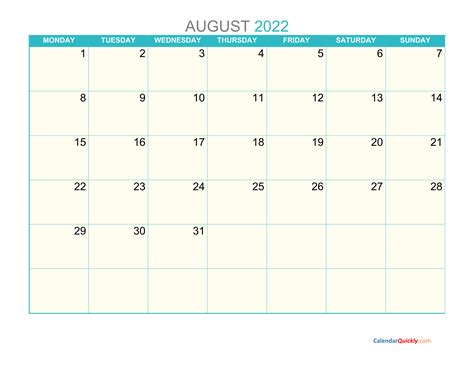 August Monday 2022 Calendar Printable | Calendar Quickly
