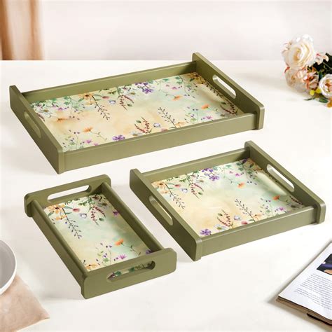 Valley Of Flowers Wooden Serving Tray Set Of 3 Online - Premium Tray ...