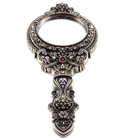 925 Oxidised Silver Mirror With Handle Portable Mirror - Silver Palace