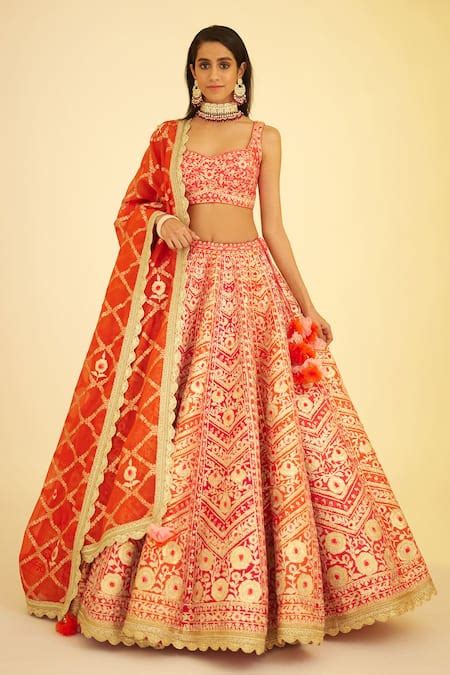 Buy Red Silk, Organza Lace, Embroidery, Panelled Bridal Lehenga Set ...