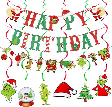 Buy LEESKY Grinch Happy Birthday Banner Red Green The Grinch Birthday ...