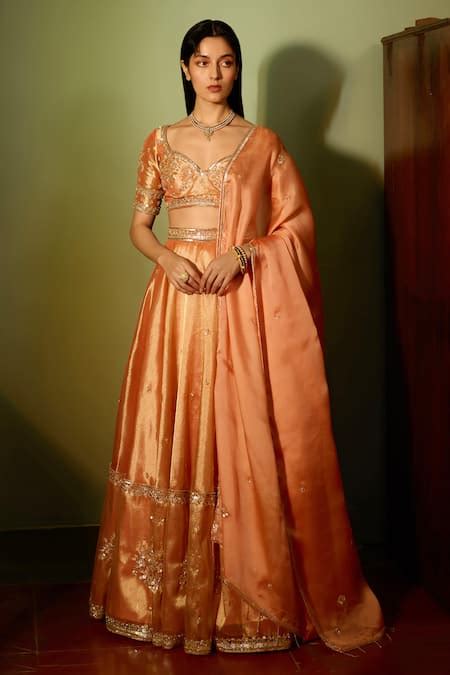 Buy Orange Tissue, Satin, Crepe, Organza Embroidery, Sequins Aari Crest ...