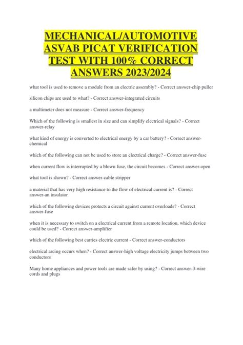 MECHANICAL/AUTOMOTIVE ASVAB PICAT VERIFICATION TEST WITH 100% CORRECT ...