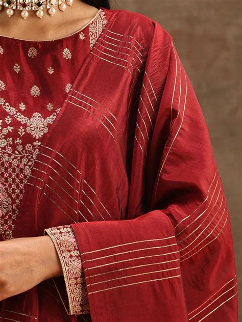 Buy Maroon Woven Design Silk Blend Straight Kurta With Trousers ...