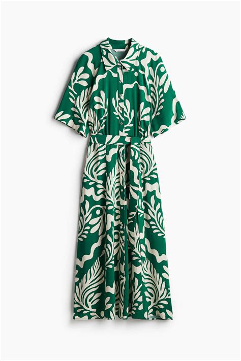 Tie-belt shirt dress - Green/Cream patterned - Ladies | H&M IN